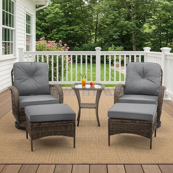 HOMMOW 5-Piece Outdoor Furniture Set, Wicker Patio Conversation Set, Swivel Rocking Chairs with Ottomans and Glass Table, Gray