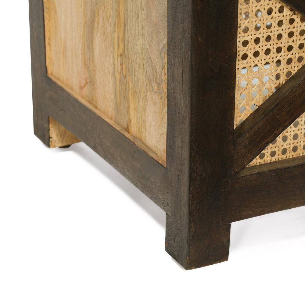 Handcrafted Mango Wood and Cane Wicker Ottoman Stool, Natural and Walnut