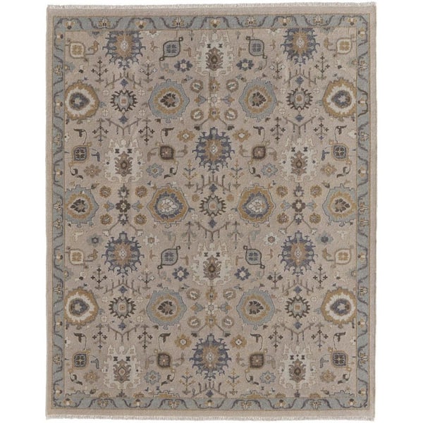 8 ft. x 12 ft. Tan Brown and Gray Wool Oriental Hand Knotted Area Rug with Fringe