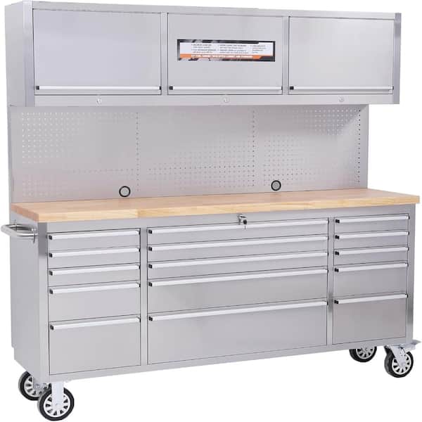72" Rolling Tool Chest, Heavy-Duty Tool Cabinet with 15 Drawers and 3 Top Cabinet, Mobile Workbench for Garage