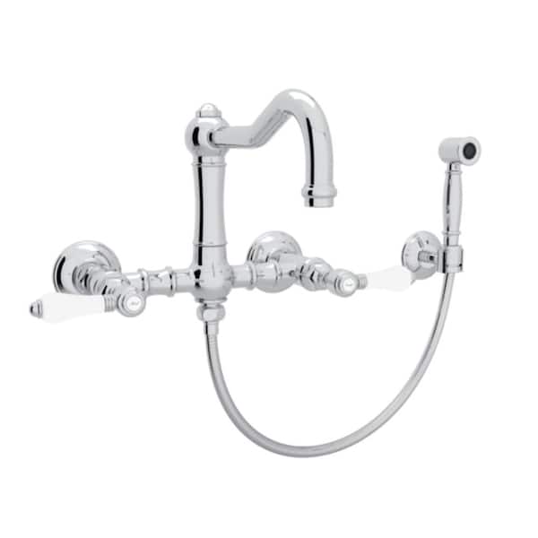ROHL Italian Kitchen Wall Mounted 2-Handle Bridge Kitchen Faucet with Sidespray in Polished Chrome