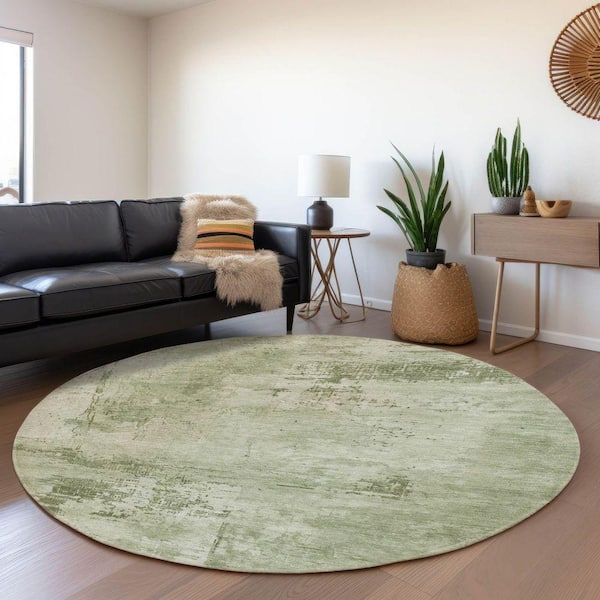 Mayfield Premium Machine Washable Abstract AMF1062 Olive 8 ft. x 8 ft. Round Rug