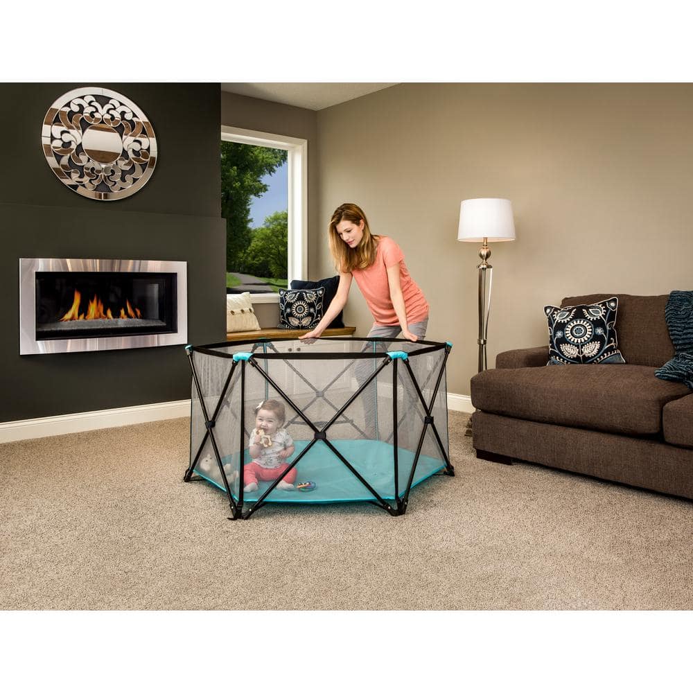 Aqua and Black Portable 6-Panel Steel Play Yard