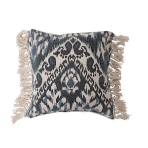 20 in. x 20 in. Blue Stonewashed Woven Cotton Blend Pillow with Ikat Pattern and Fringe