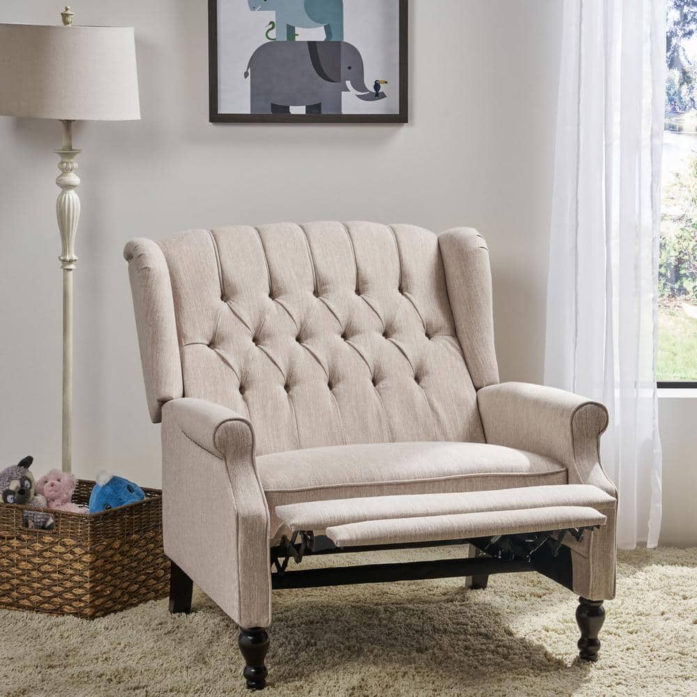Handcrafted Birch Wood Oversized Beige Recliner with Dark Brown Legs