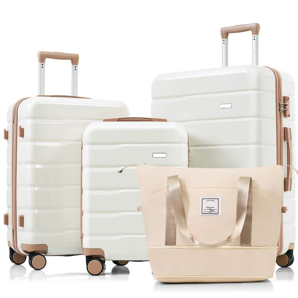 4 Piece Ivory and Golden ABS Hardshell Spinner 20 in. 24 in. 28 in. Luggage Set with Expandable Duffel Bag Hooks