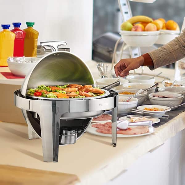 Roll Top Chafing Dish Buffet Set 6 qt. Stainless Steel Chafer with 2 Full Size Pans Round Chafing Dishes, 2 Pack