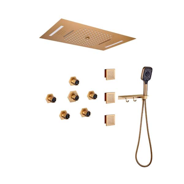 Unbranded 5 Spray 2.5 GPM 23 in. Thermostatic Celling Mount LED Rainfall Shower System with Hand-Shower in Brushed Gold