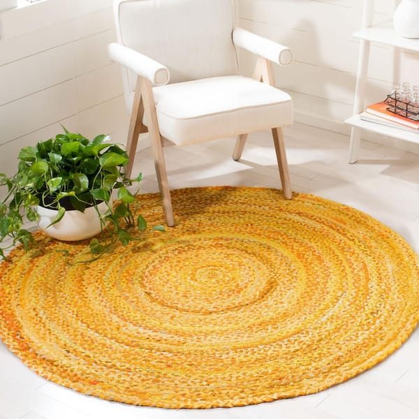 Braided Gold 7 ft. x 7 ft. Solid Color Striped Round Area Rug