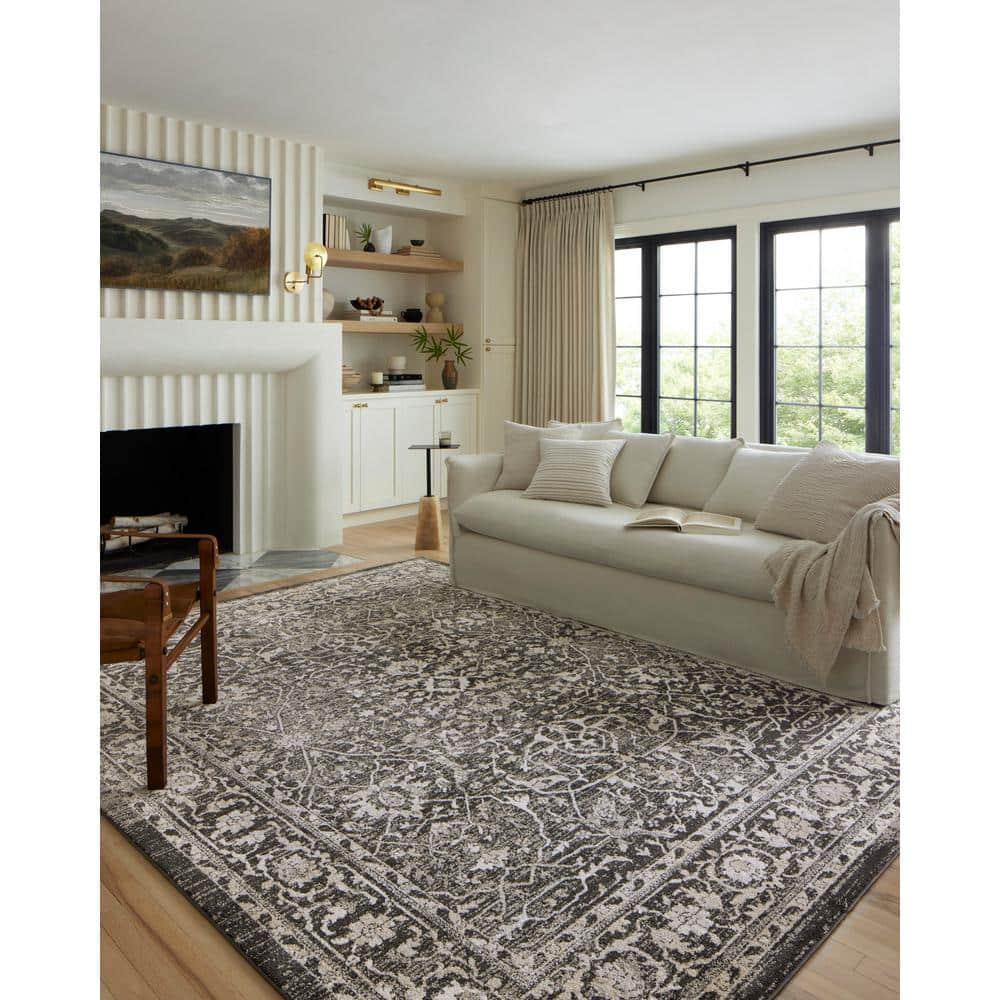 Odette Black and Silver Floral Motif Low Pile Area Rug