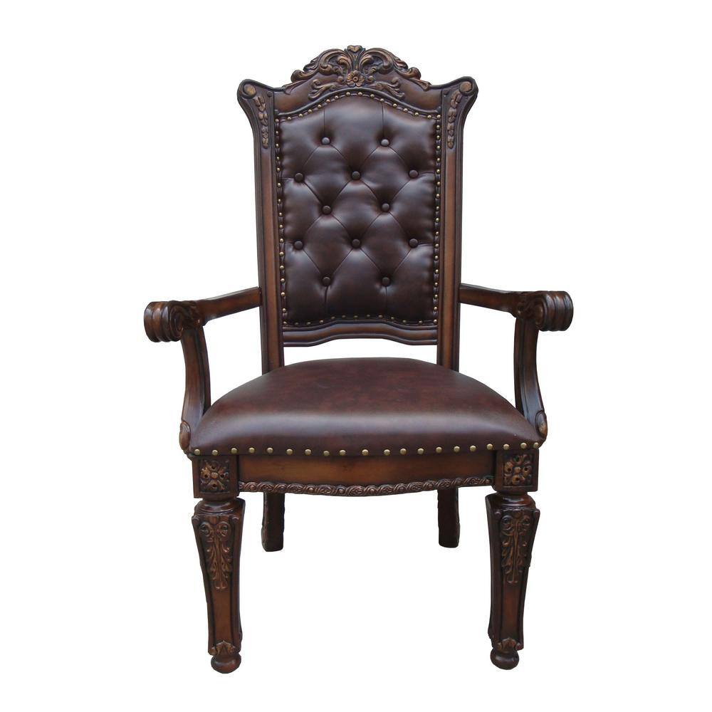 Handcrafted Brown Leather and Wood Floral Accent Chair