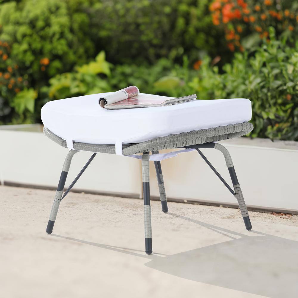 Gray Wicker All Weather Rattan Outdoor Ottoman with Removable Whiite Cushio