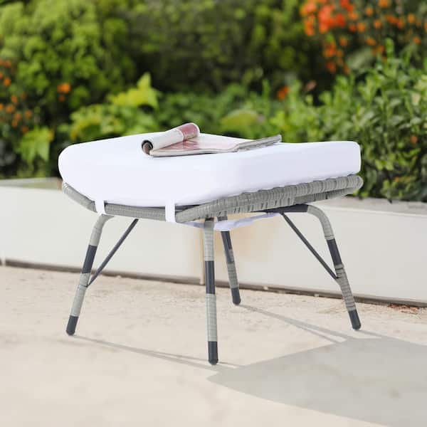 SANSTAR Gray Wicker All Weather Rattan Outdoor Ottoman with Removable Whiite Cushions