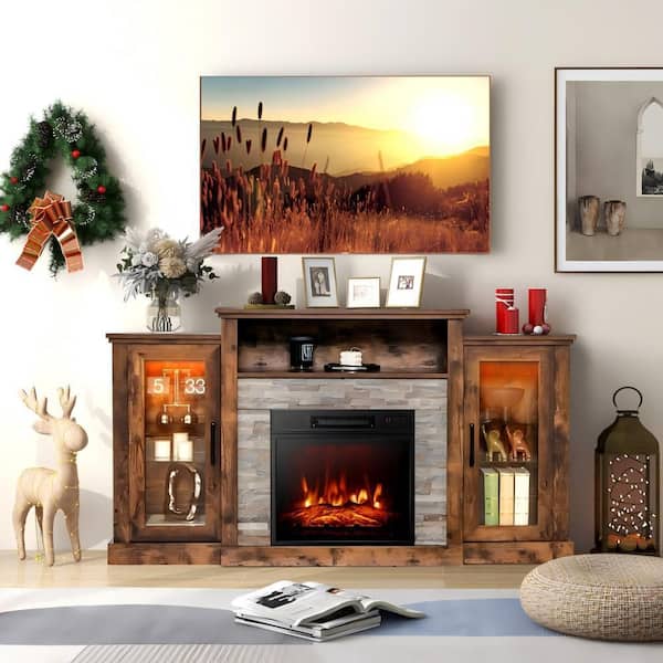59 in. MDF Freestanding Electric Fireplace TV Stand in Brown with 18 in. LED Fireplace for TVs up to 65 in.