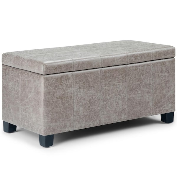 Simpli Home Dover 36 in. Wide Contemporary Rectangle Storage Ottoman Bench in Distressed Grey Taupe Vegan Faux Leather, Assembled