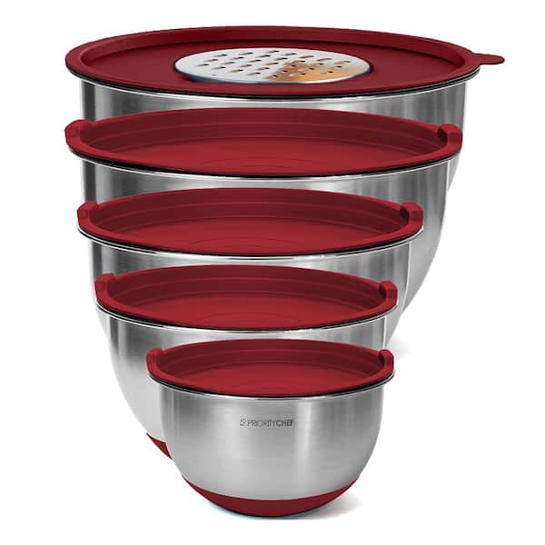 Adrinfly Precise 5-Piece Stainless Steel Red Mixing Bowl Set with Airtight Lid