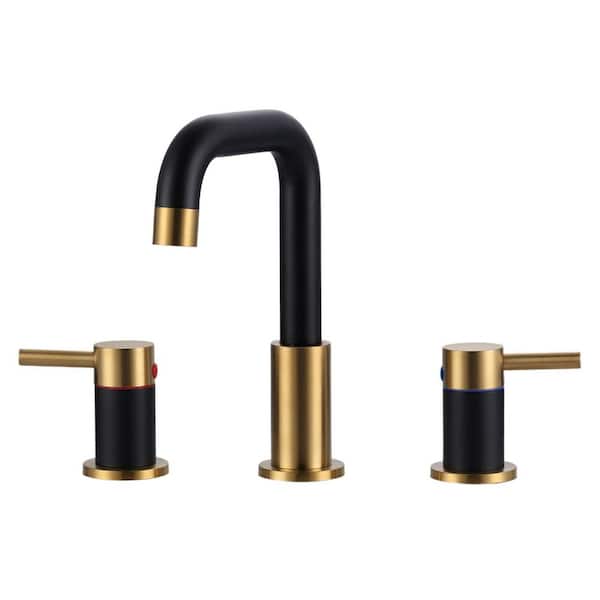 8 in. Widespread Double Handle Bathroom Faucet with Swivel Spout, 2-Aerators, Drain and Supply Lines in Black and Gold