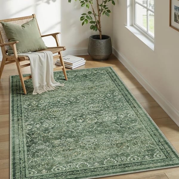 The Wizard of Oz 3 ft. X 5 ft. Green Distressed Washable Vintage Floral Area Rug
