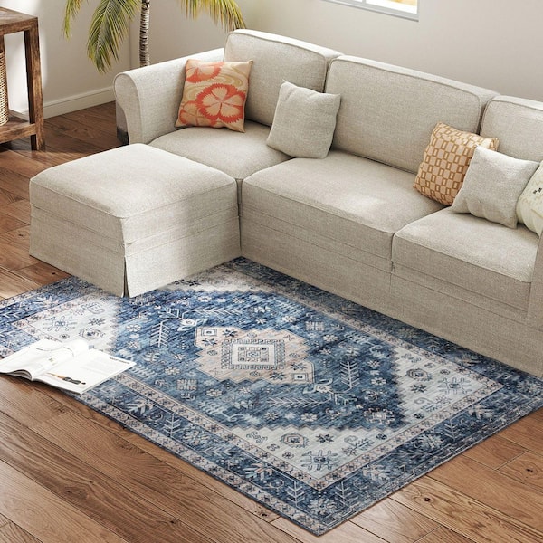 Outdoor 4 ft. x 6  ft., Vintage Washable Rug, Non-Slip Floor Carpet for Living Room, Bedroom, Dining Room, Blue Area Rug