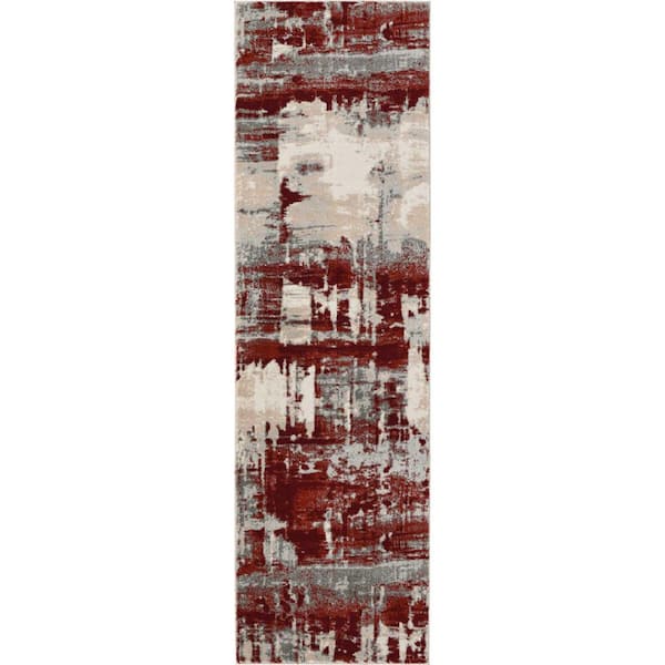 8 Ivory Red and Gray Abstract Non Skid Runner Rug