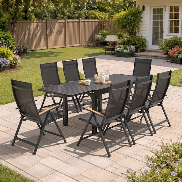 9-Piece Aluminum Outdoor Dining Set Powder Coated Extendable Dining Table and 8 Foldable Chairs with Adjustable Backrest