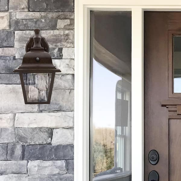 1-Light Aged Bronze LED Outdoor Wall Lantern Sconce with Clear Water Glass and Dusk to Dawn Sensor