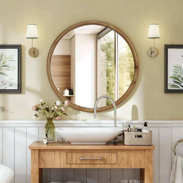 Round 23.62 in W x 23.62 in H Wood Framed Wall Mirror, Natural Wooden Circle Decorative Mirror