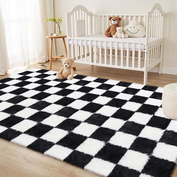 Checkerboard Shag Black/White 6 ft. x 9 ft. Checkered Area Rug