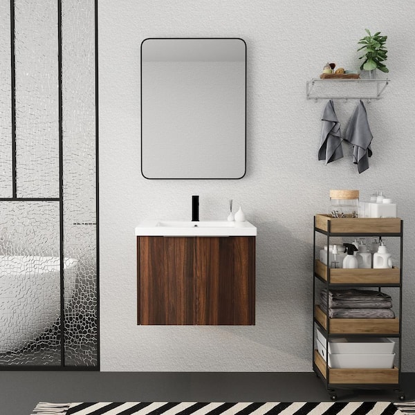 Unbranded 24 in. W x 18 in. D x 21 in. H Single Sink Wall Mounted Bath Vanity in California Walnut with White Top with White Sink