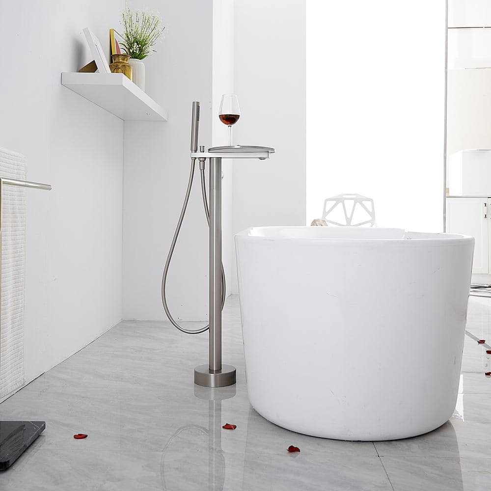 Brushed Nickel Freestanding Roman Tub Faucet with Hand Shower and Tray