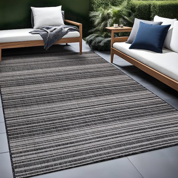 Waikiki Dark Grey/White 5 ft. x 7 ft. Stripe Indoor/Outdoor Area Rug