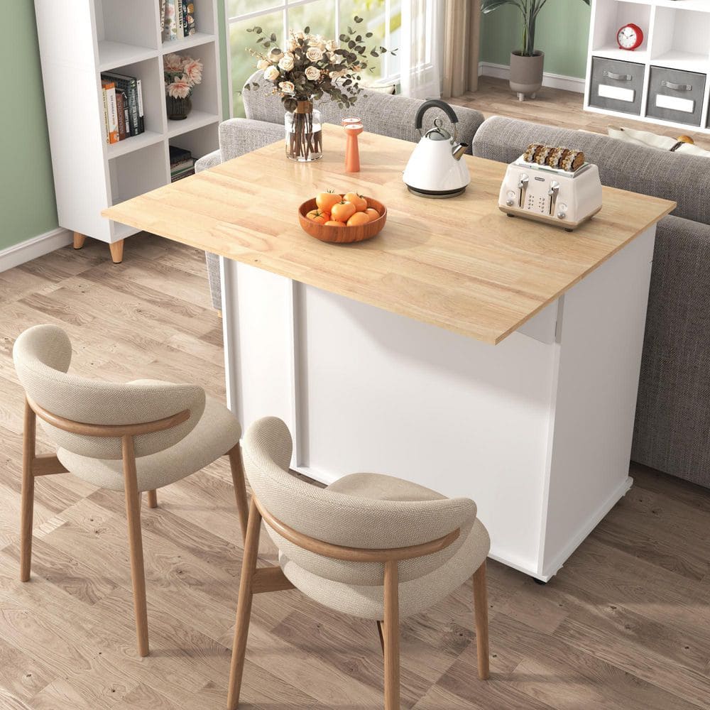 White Wood 46 in. Kitchen Island with Drawers, Kitchen Island with