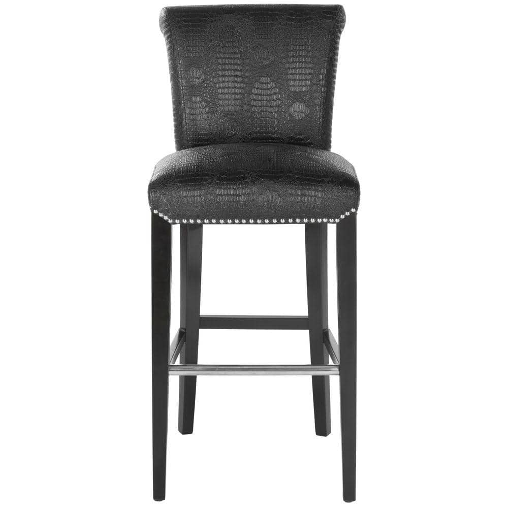 Seth Transitional Black Crocodile Leather Bar Stool with Silver Nailhead