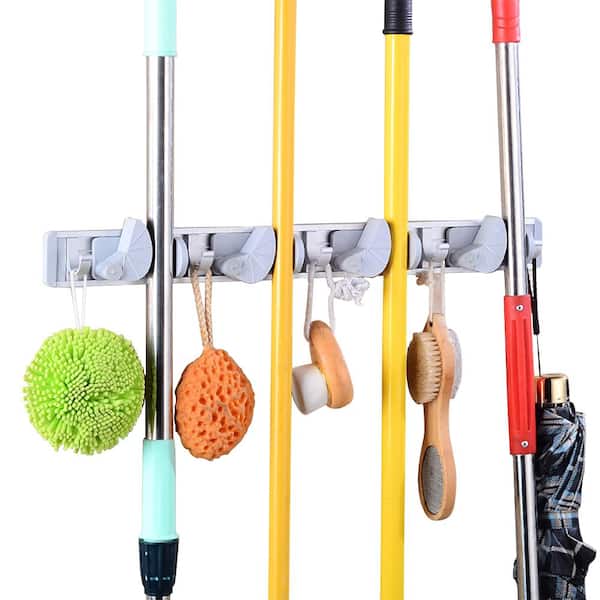 Wellco Gray Broom Holder Wall Mount Mop Organizer with 4 Clips And 5 Hooks