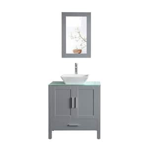 30 in. W x 18 in. D x 36 in. H Single Sink Bath Vanity in Gray with White Glass Top, Faucet and Mirror