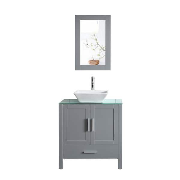 Zeus & Ruta 30 in. W x 18 in. D x 36 in. H Single Sink Bath Vanity in Gray with White Glass Top, Faucet and Mirror