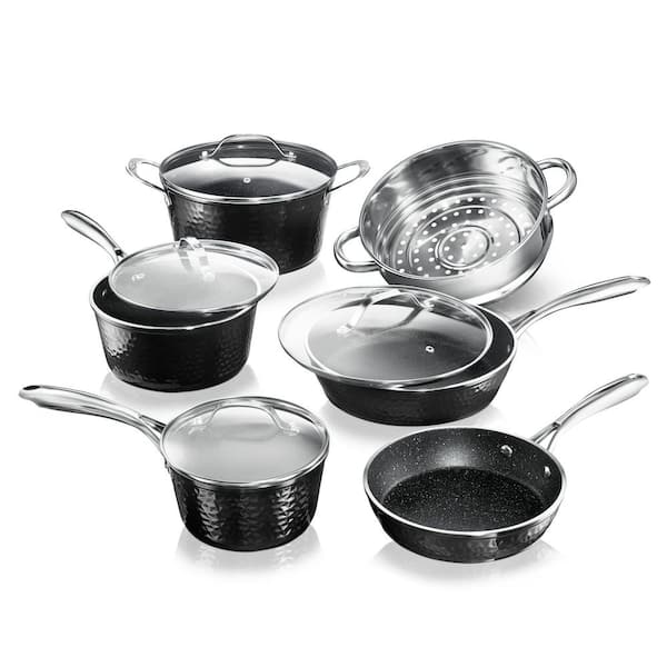 Granite Stone Hammered Titanium Non-Stick Diamond Infused 10 Piece Cookware Set with Glass Lids, Oven Safe, Dishwasher Safe- Black