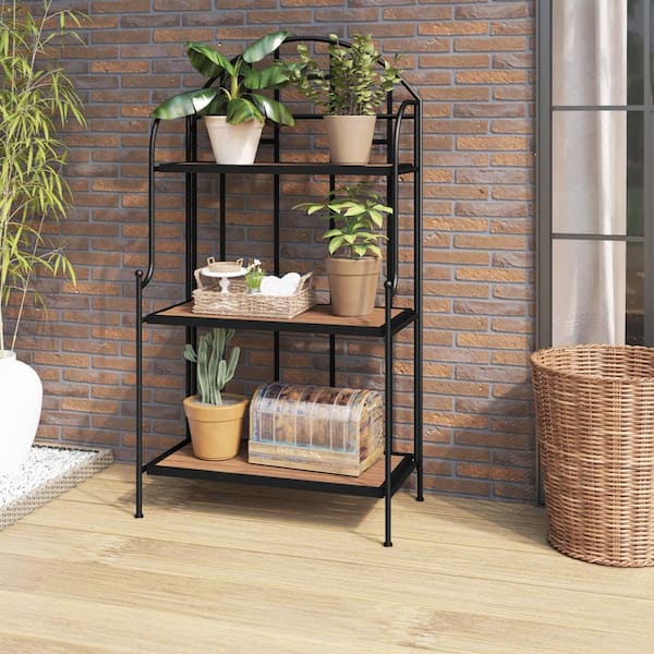 TK CLASSICS 3-Tier Outdoor Folding Metal Plant Stand with Acacia Shelves