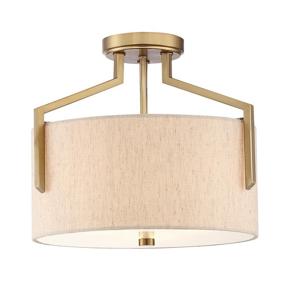 Elara 15 in. 3-Light Brushed Gold Modern Entryway Semi-Flush Mount with Fabric Shade