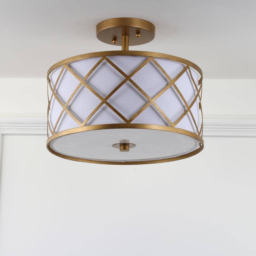 Transitional Elegance 13.25" Gold Metal LED Flush Mount with White Linen Shade
