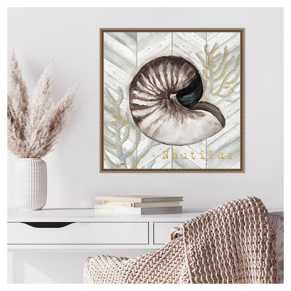 Gray Gold Chevron Nautilus Shell Canvas Wall Art with Bronze Frame
