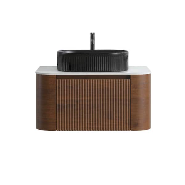 30-Inch Wall-Mounted Bathroom Vanity with Sink, Walnut Cabinet, Single Black Ceramic Basin, Towel Rack Included