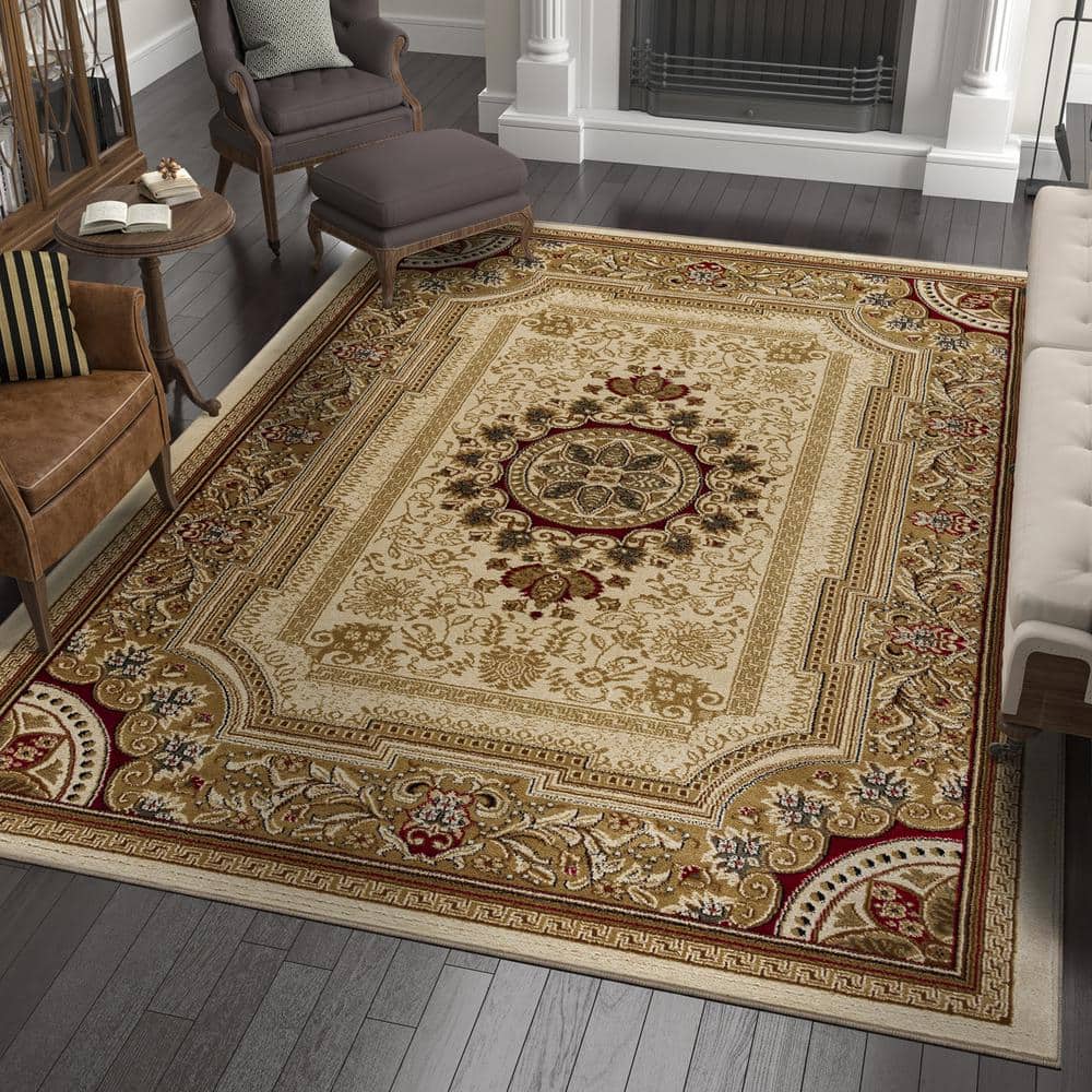 Ivory Rectangular Oriental Synthetic 5' x 7' Area Rug