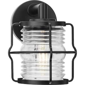 1-Light Matte Black Outdoor Lantern Keegan Clear Glass Coastal Wall Sconce No Bulbs Included