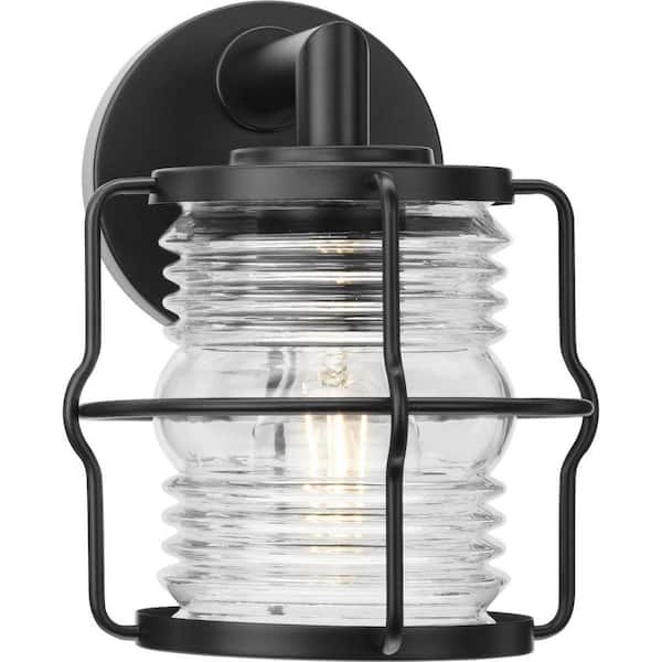 Progress Lighting 1-Light Matte Black Outdoor Lantern Keegan Clear Glass Coastal Wall Sconce No Bulbs Included