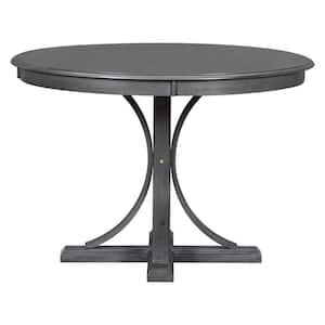 5-Piece Retro Round Dark Gray MDF Top Dining Room Set with Curved Trestle Style Table Legs and 4 Upholstered Chairs