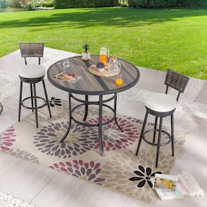 3-Piece Wicker Bar Height Outdoor Dining Set with Beige Cushions