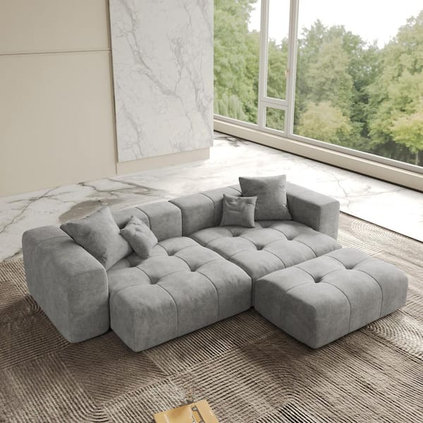 105 in. Oversized Square Arm Linen Rectangle Modular Sectional Sofa 2-Seater with Ottoman in. Gray