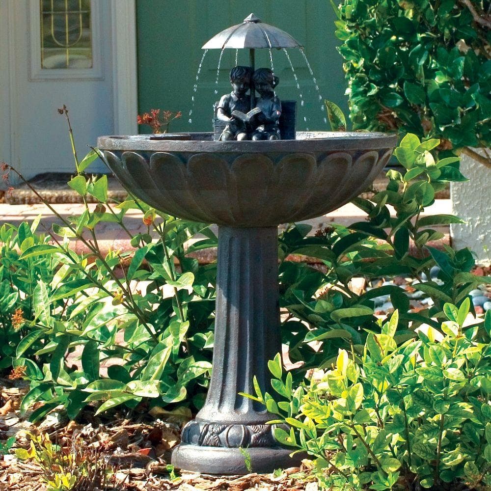Aged Bronze Solar Powered Fountain with Boy and Girl Reading