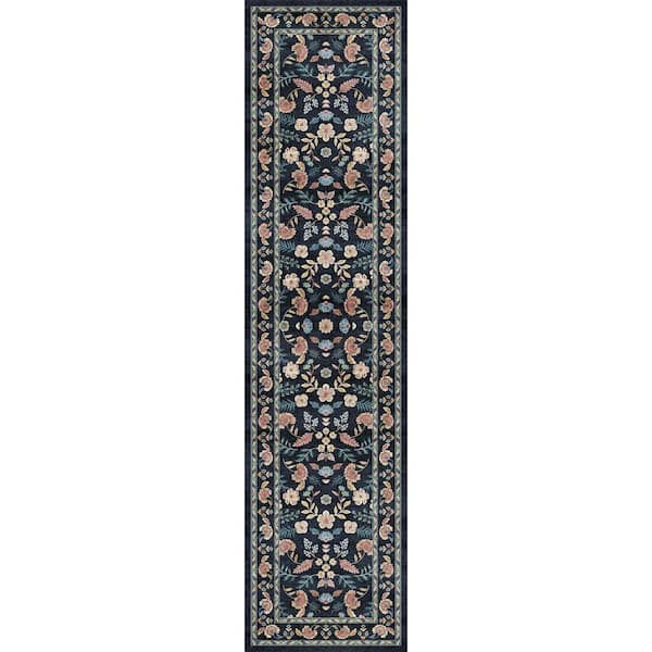 HaiiMeid Blossom Navy Blue 2 ft. x 8 ft. Floral Washable Runner Rug